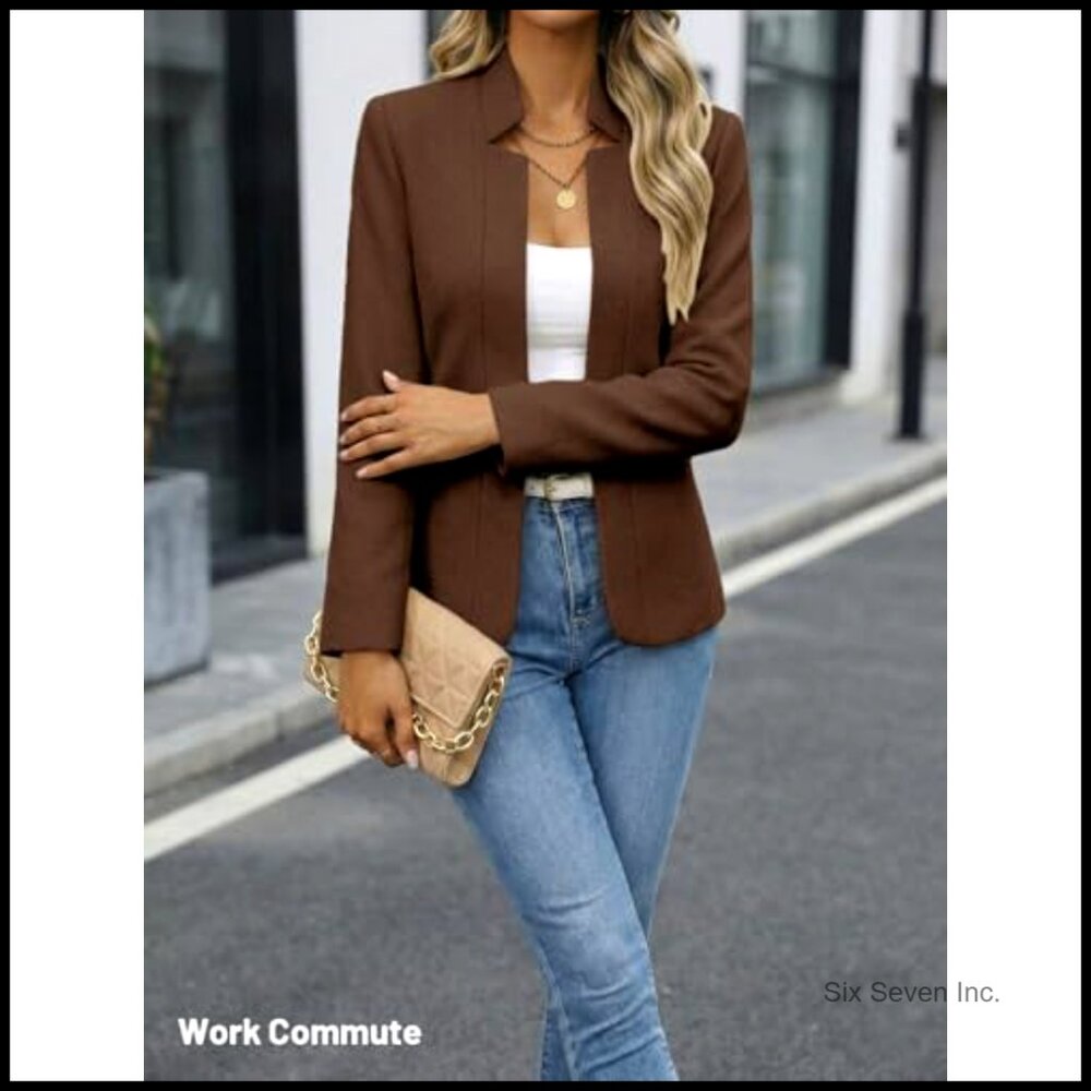 Wool Blend Tweed Plaid Blazer Jacket Open Front Stand Collar Casual Work Office - Picture 5 of 7